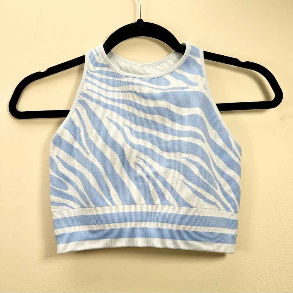 Spiritual Gangster High Neck Jacquard Bra, Light Blue Zebra Crop Bralette, S/XS